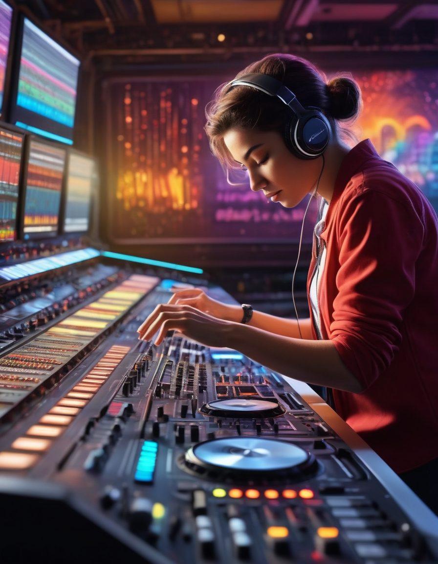 A dynamic sound engineer adjusting audio levels on a vibrant mixing console, surrounded by colorful sound waves and musical notes swirling around the room. In the background, a smooth transition from train tracks leading to a lively dancefloor filled with diverse dancers. The scene conveys energy and creativity in sound engineering. super-realistic. vibrant colors. 3D.