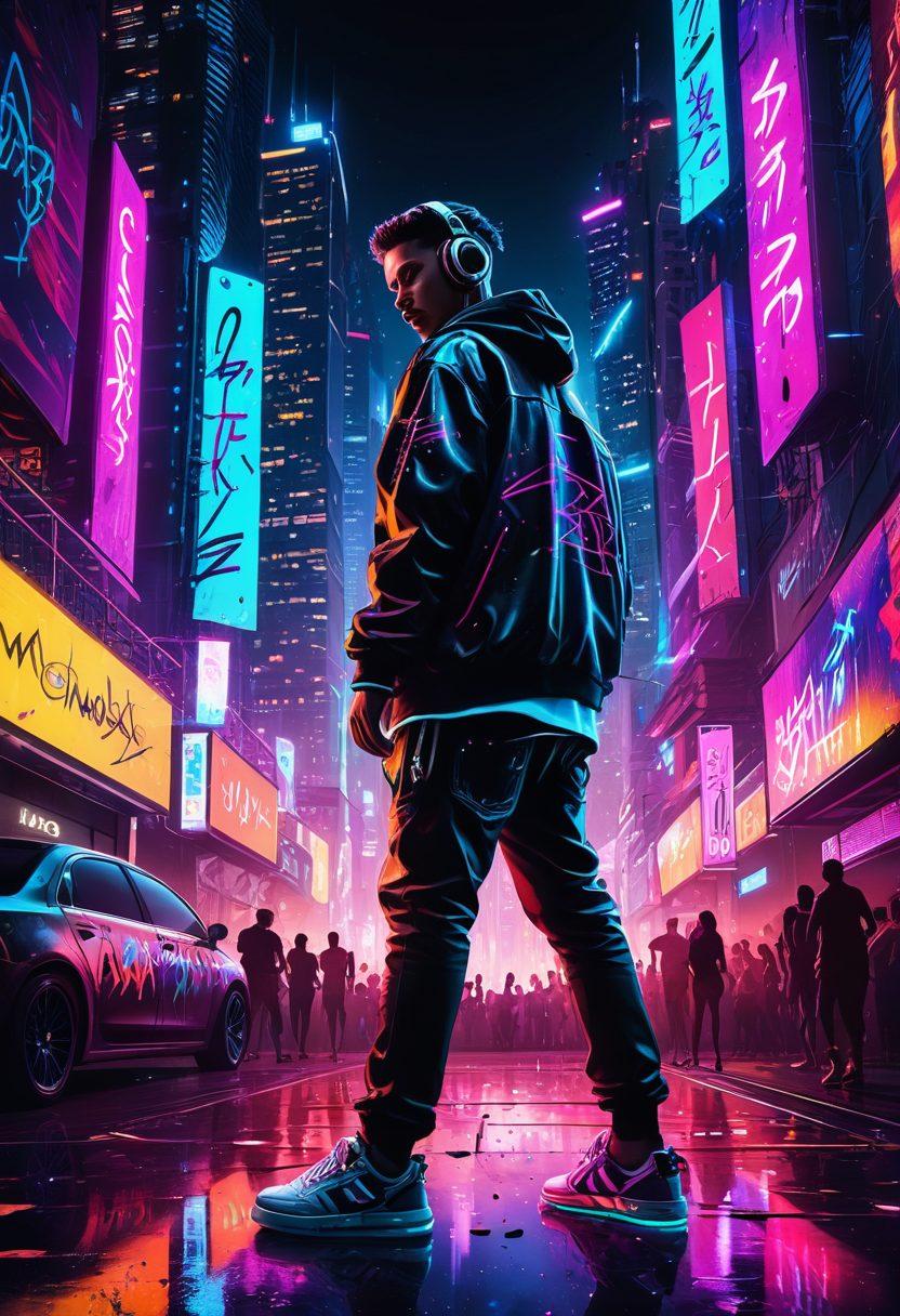 A vibrant city skyline at night, illuminated with colorful lights, with a DJ mixing tracks on a neon-lit stage. Crowds of energetic party-goers dancing joyfully, surrounded by musical notes and sound waves radiating from the speakers. Incorporate elements of graffiti art, with colorful splashes representing different music genres. Reflect a sense of rhythm and movement in the artwork. vibrant colors. cyberpunk.