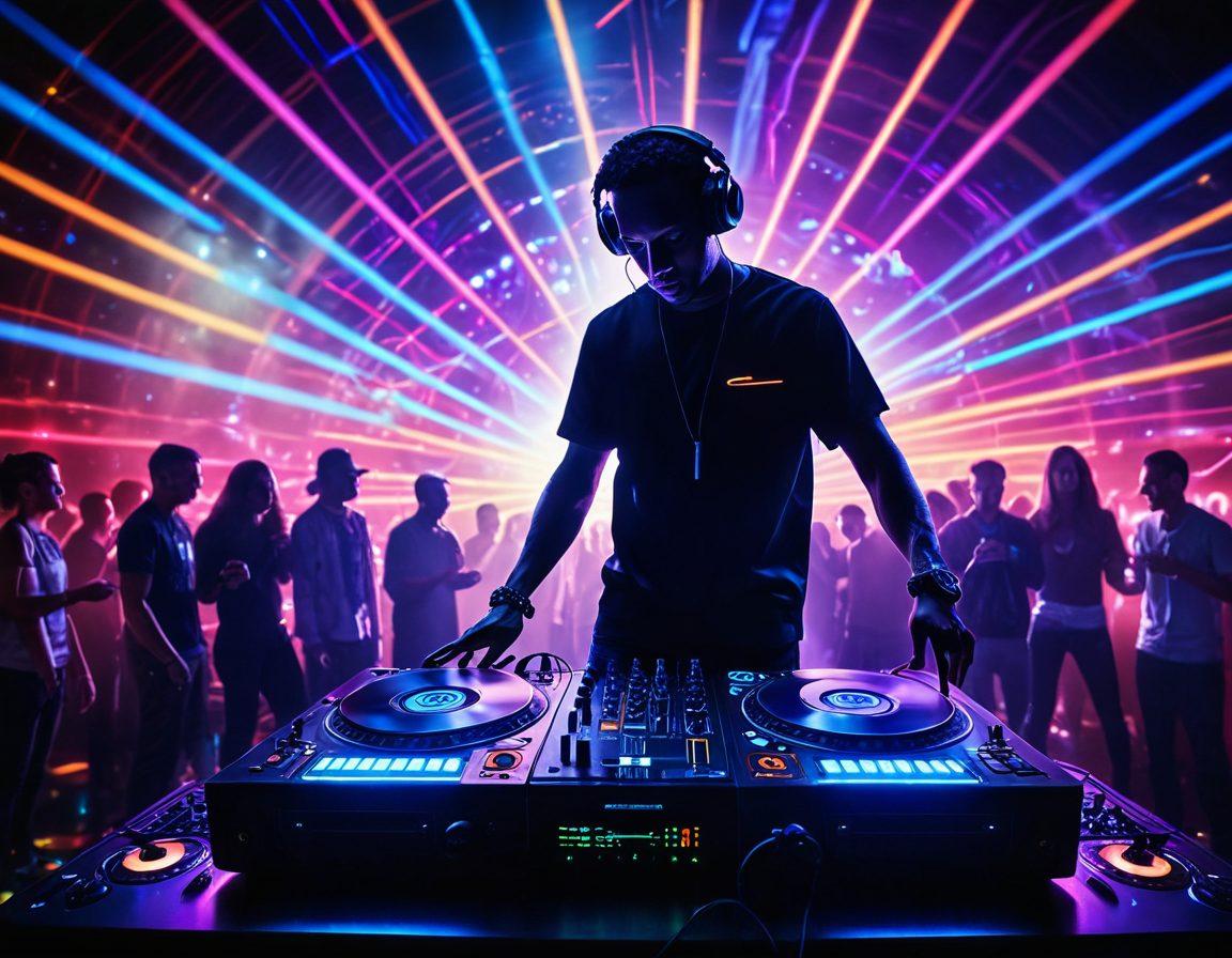 An electrifying DJ set on a vibrant dancefloor, showcasing a DJ in the spotlight with headphones on, mixing tracks. Surrounding them are dancing silhouettes of diverse people, illuminated by colorful lights and lasers. The atmosphere exudes energy and rhythm, with vinyl records and audio equipment in the foreground. Capture the excitement and artistry of live music. super-realistic. vibrant colors. dynamic lighting.